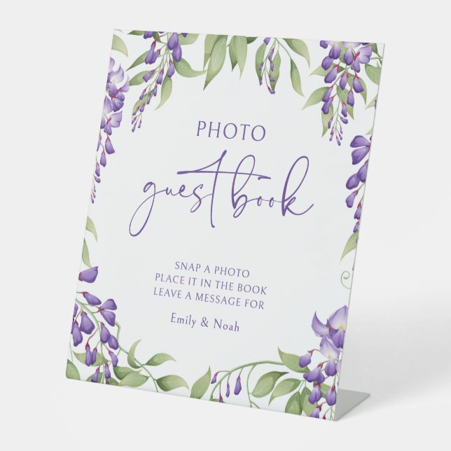 Photo Guest Book Purple Floral Script Wedding Sign (Front)