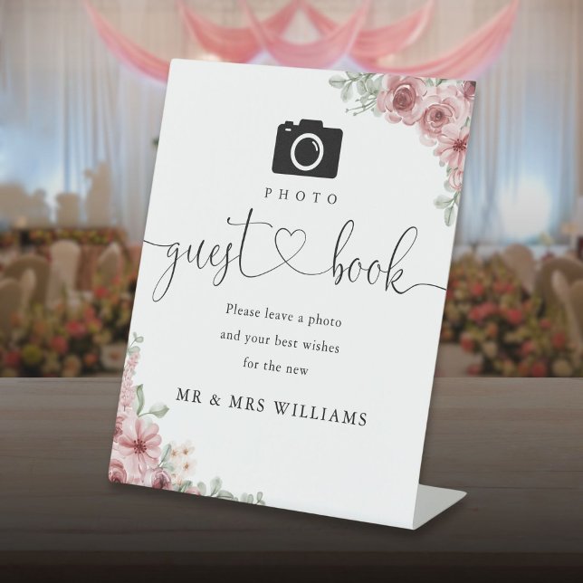 Photo Guest Book Roses Floral Heart Script  Pedestal Sign (Photo Guest Book Roses Floral Heart Script Pedestal Sign)