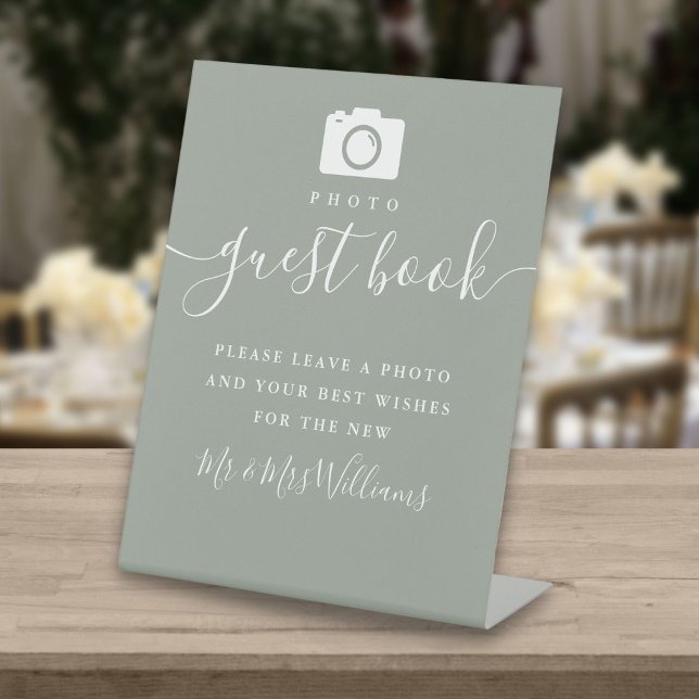 Photo Guest Book Sage Green Signature Script Pedestal Sign (Creator Uploaded)