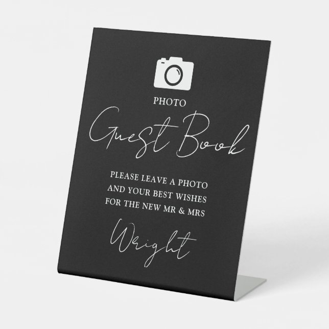 Photo Guest Book Script Black And White Wedding Pedestal Sign (Front)