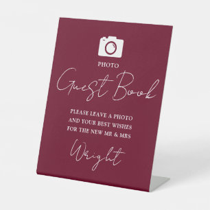 Photo Guest Book Script Burgundy Red Wedding Pedestal Sign