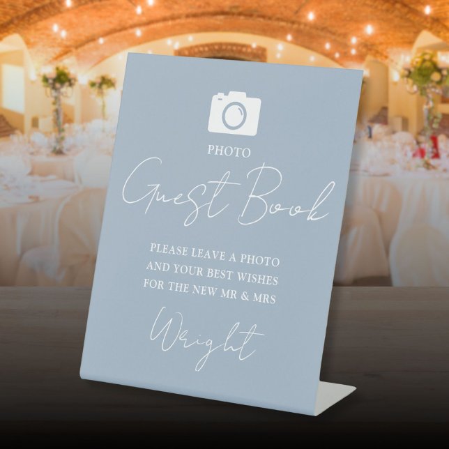 Photo Guest Book Script Dusty Blue Wedding Pedestal Sign (Photo Guest Book Script Dusty Blue Wedding Pedestal Sign)