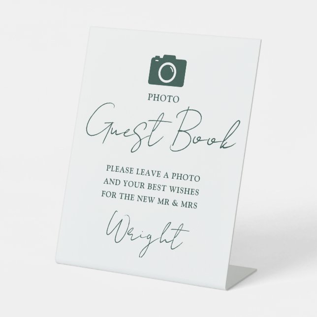 Photo Guest Book Script Emerald Green Wedding Pedestal Sign (Front)