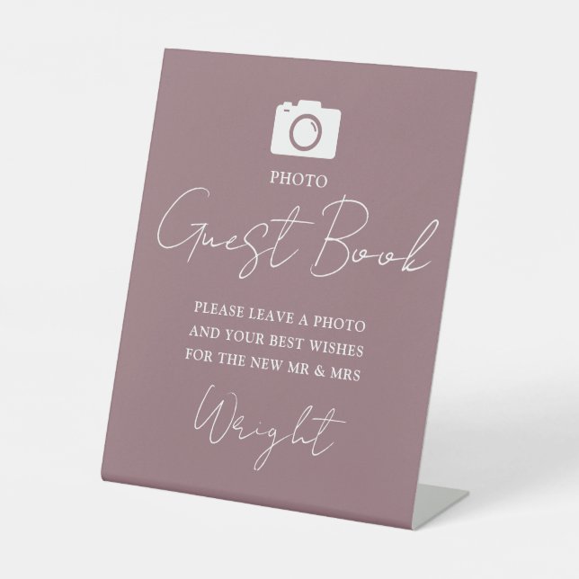 Photo Guest Book Script Mauve Wedding Pedestal Sign (Front)