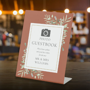 Photo Guestbook Watercolor Greenery Terracotta Pedestal Sign