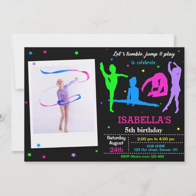 Photo Gymnastics birthday invitation Flip jump (Front)