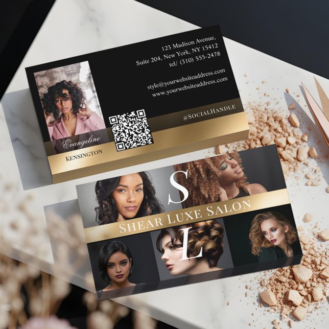 Photo Hair Salon Stylist Luxe Monogram Black Gold Business Card (Photo Hair Salon Stylist Luxe Monogram Black Gold Business Card)