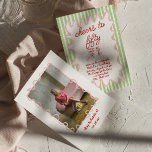 Photo Hand Drawn Colorful Stripes 50th Birthday Invitation