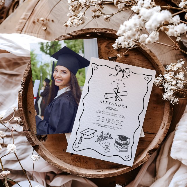 Photo Hand Drawn Illustrated Black & White Grad Invitation (Creator Uploaded)