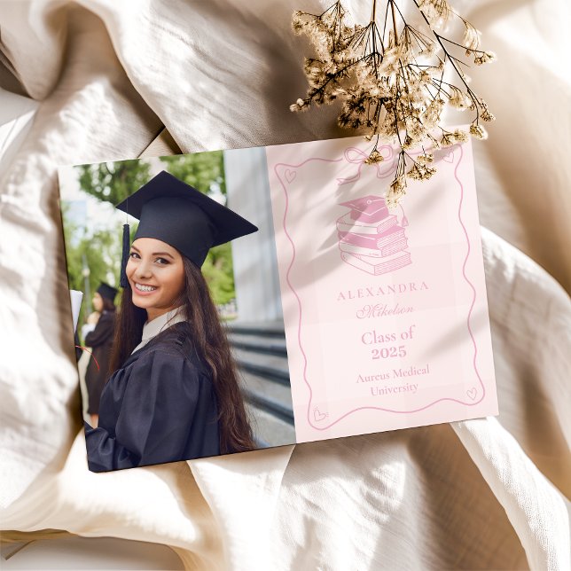 Photo Hand Drawn Illustrated Pink Plaid Graduation Announcement (Creator Uploaded)
