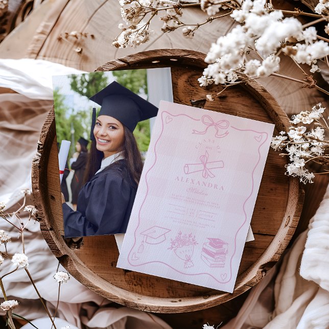 Photo Hand Drawn Illustrated Pink Plaid Graduation Invitation (Creator Uploaded)