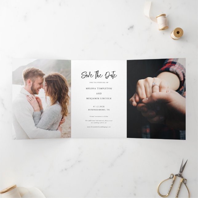 Photo Hand-Lettered Wedding Save the Date Tri-Fold Announcement (Inside)