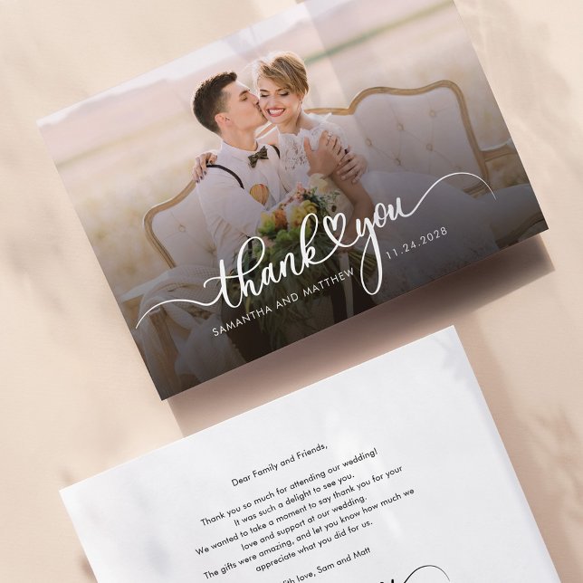 Photo Hand-Lettered Wedding Thank You Card (Wedding Photo Couples Elegant Script Thank You Card)