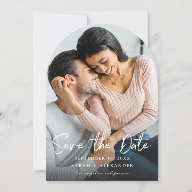 Photo - Handwriting 2 Vertical Save the Date Arc Invitation (Front)