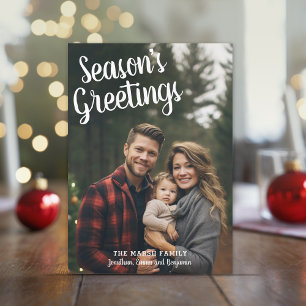 Photo Handwritten Aqua Plaid Season's Greetings Holiday Card