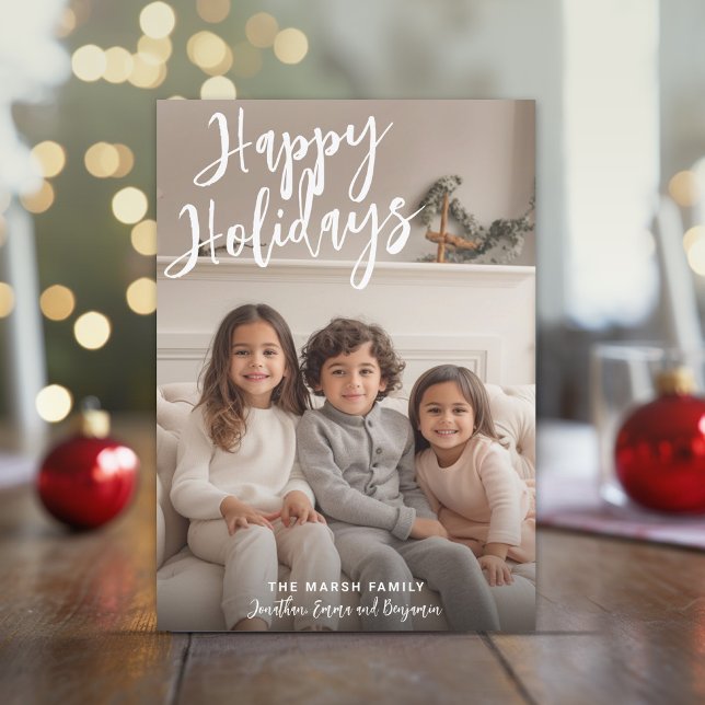 Photo Handwritten Christmas Aqua Plaid Happy Holiday Card (Large white Script Type over a vertical photo - Online Christmas Card)