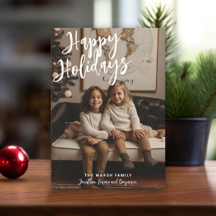 Photo Handwritten Christmas Grey Plaid Happy Holiday Card