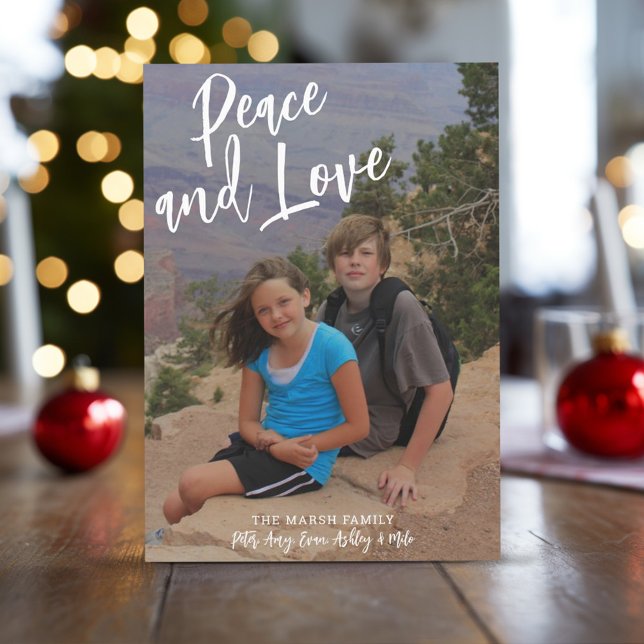 Photo Handwritten Christmas Red Plaid Peace Love Holiday Card (Rustic Modern Christmas Card with 1 large photo)