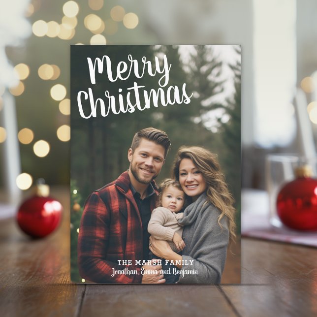 Photo Handwritten Merry Christmas Gold Plaid Holiday Card (Large white Script Type over a vertical photo - Online Christmas Card)