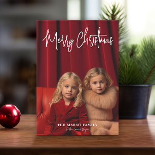 Photo - Handwritten Merry Christmas Red Plaid Holiday Card