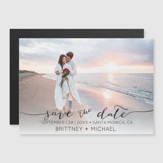 Photo Handwritten Modern Black Save the Date Magnetic Invitation (Front/Back)
