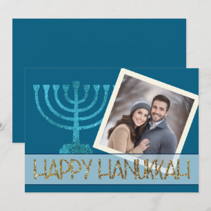 Photo Hanukkah Blue White Gold Menorah Glitter Holiday Card