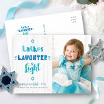 Photo Hanukkah Latkes Laughter Light Rustic Wood Holiday Postcard<br><div class="desc">“Latkes, laughter & light.” Fun, whimsical handcrafted typography along with Stars of David in dusty blue, turquoise and teal on a rustic, white wood background, along with the photo of your choice, help you usher in Hanukkah. Feel the warmth and joy of the holiday season whenever you send this stunning,...</div>