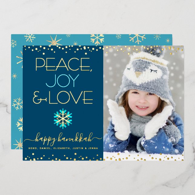 Photo Hanukkah Peace Joy Love Snowflake Real Gold Foil Holiday Card (Front/Back)