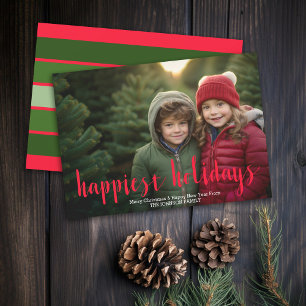 Photo - Happiest Holidays Modern Script and Stripe Holiday Card