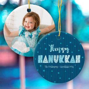 Photo Happy Hanukkah Fun Typography Star of David  Ceramic Ornament