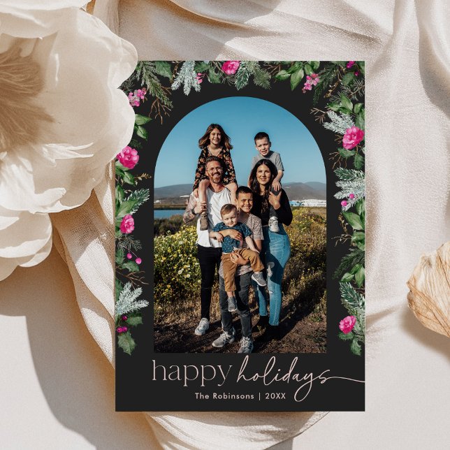 Photo Happy Holidays Dark Grey Pink Greenery Arch Holiday Card (Creator Uploaded)