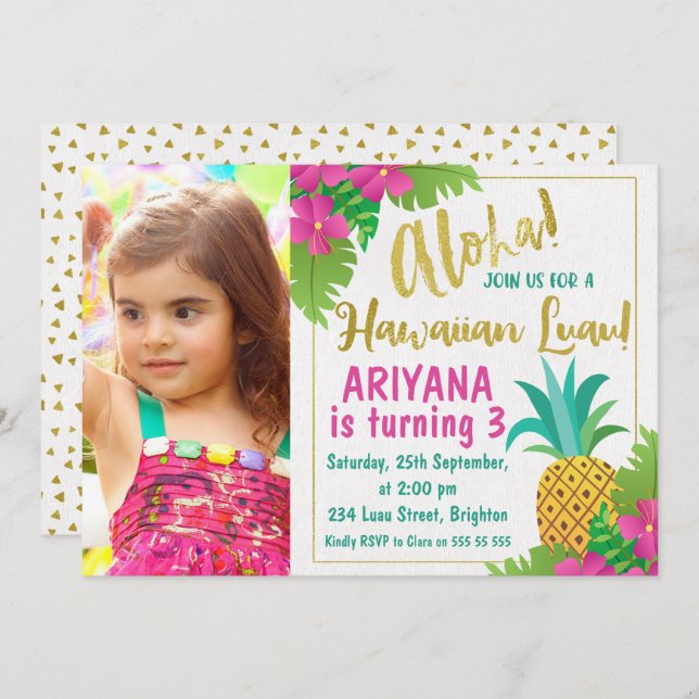 Photo Hawaiian Luau Birthday Invitation (Front/Back)