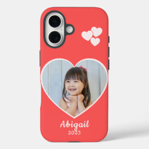 Photo Heart and Name in White on Coral Red iPhone 16 Case