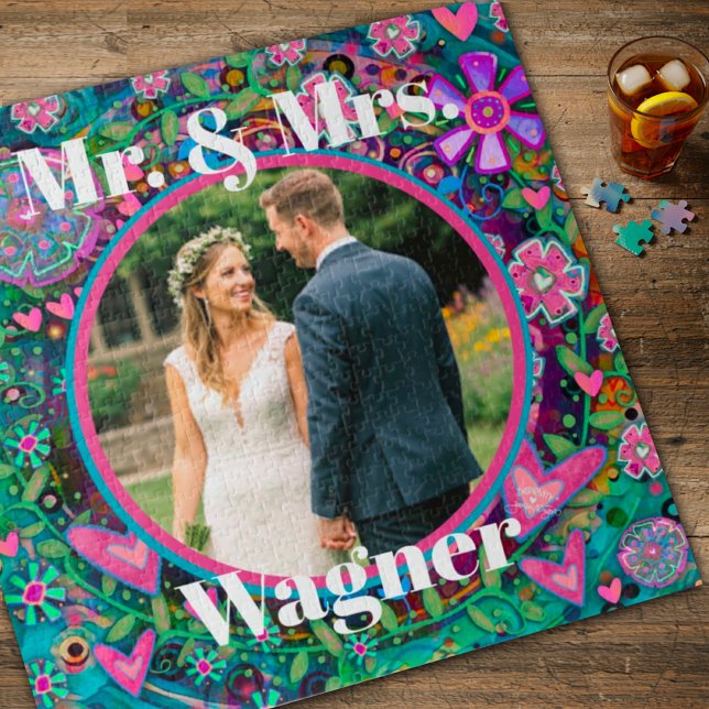 Photo Heart Flowers Pink Pretty Mr Mrs Wedding Jigsaw Puzzle (Creator Uploaded)