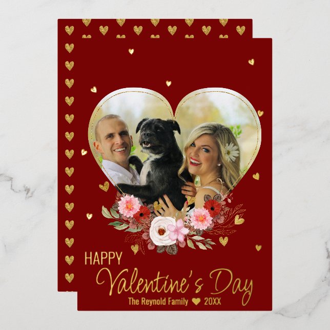 Photo Heart Gold Glitter Heart Valentine's Day Red Foil Holiday Card (Front/Back)