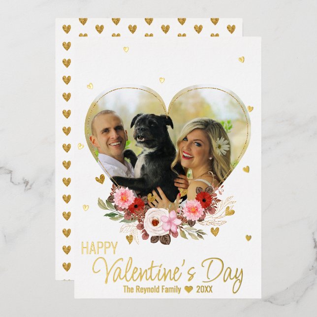 Photo Heart Gold Glitter Hearts Valentine's Day Foil Holiday Card (Front/Back)