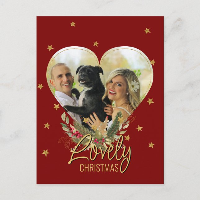 Photo Heart Gold Glitter Star Lovely Red Christmas Holiday Postcard (Front)