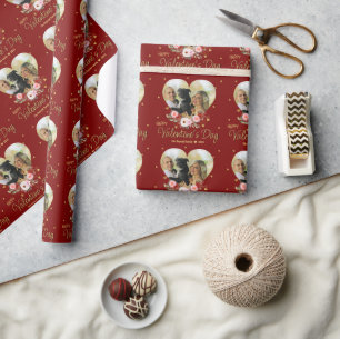 Photo Heart Gold Valentine's Day Glitter Heart Red Wrapping Paper