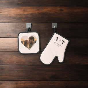 Photo Heart Luxury Monogram Blush Oven Mitt & Pot Holder Set