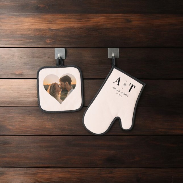 Photo Heart Luxury Monogram Blush Oven Mitt & Pot Holder Set (Creator Uploaded)