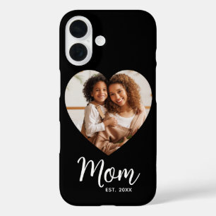 Photo Heart Mom Established Date Script Black Gift iPhone 16 Case