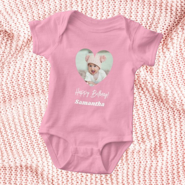 Photo heart name birthday baby girl pink baby bodysuit (Creator Uploaded)