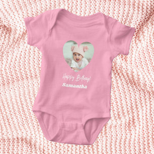 Photo heart name birthday baby girl pink bodysuit