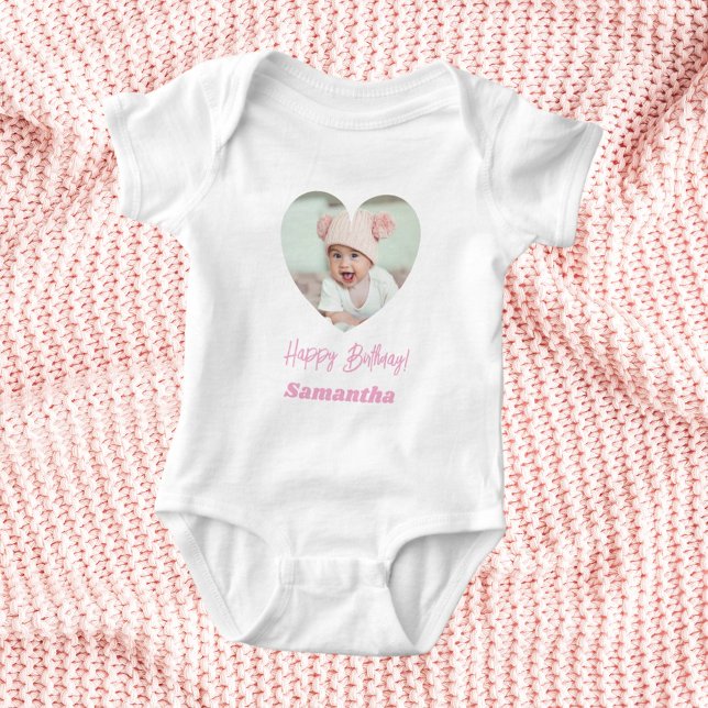 Photo heart name birthday baby girl pink bodysuit (Creator Uploaded)