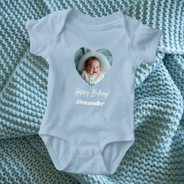 Photo heart name birthday blue boy baby bodysuit (Creator Uploaded)