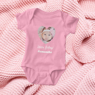 Photo heart name birthday girl pink baby bodysuit