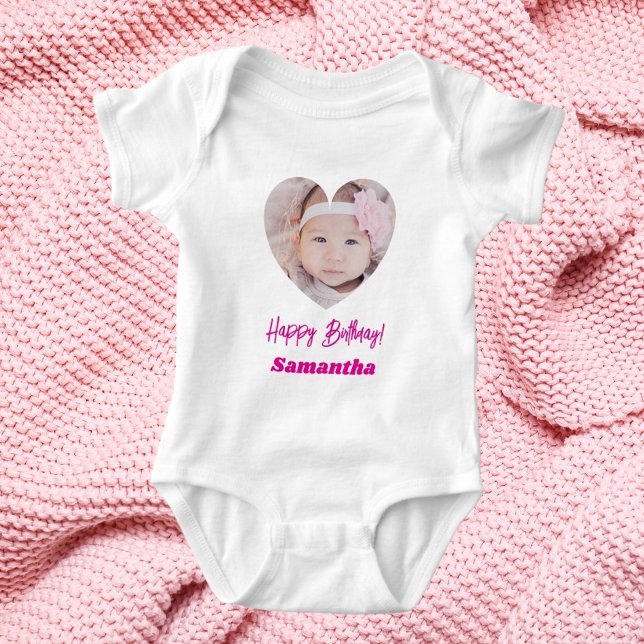 Photo heart name birthday girl pink baby bodysuit (Creator Uploaded)