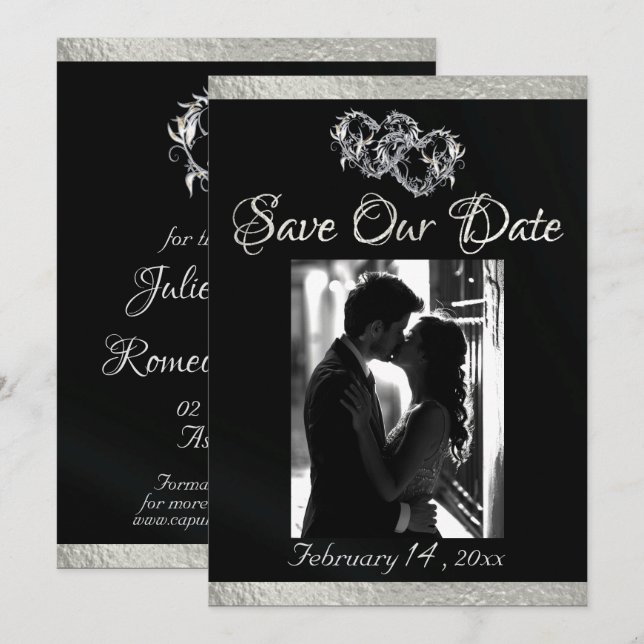 Photo, Hearts & Ribbon - Black/Silver Save The Date (Front/Back)