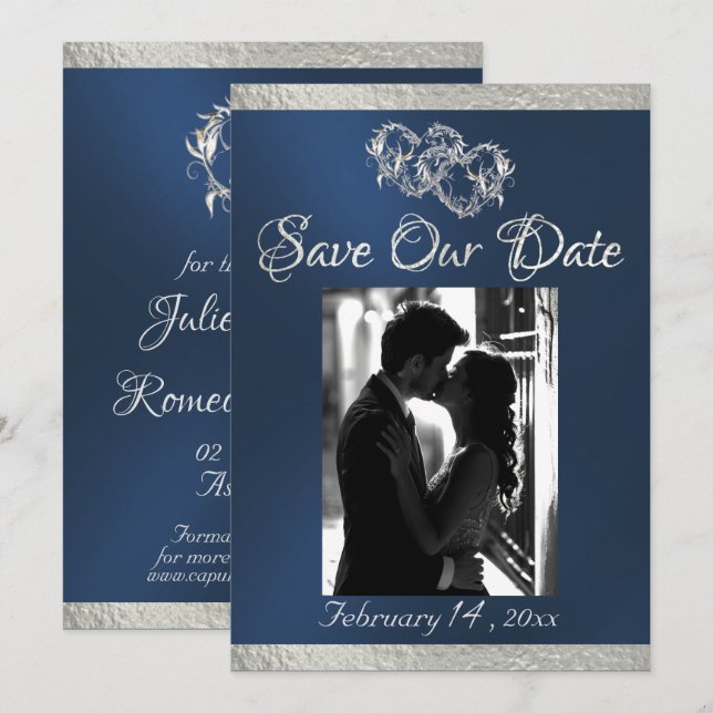 Photo, Hearts & Ribbon - Blue/Silver Save The Date (Front/Back)