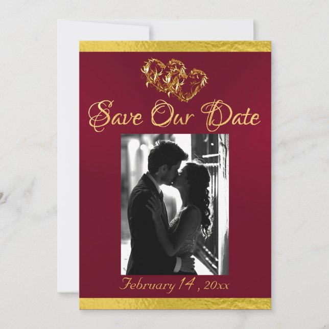 Photo, Hearts & Ribbon - Burgundy/Gold Save The Date (Front)